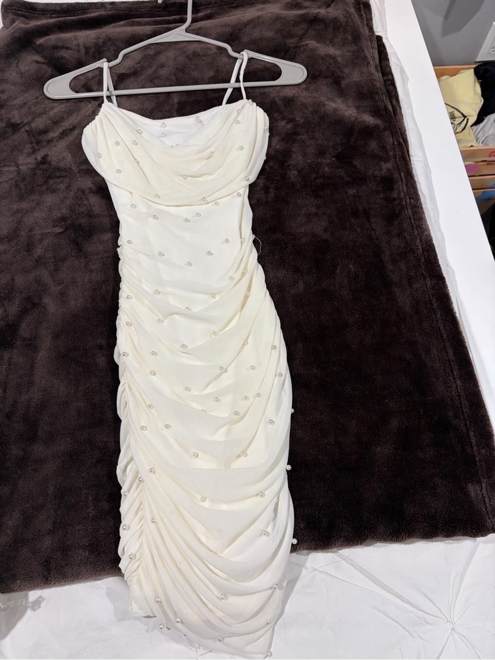 Windsor Ivory Beaded Ruched Spaghetti-Strap Midi Dress